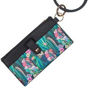 NWT Black Cactus Floral Print Wristlet With Detachable Bangle & Keyring